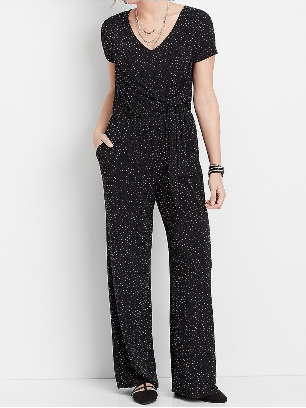 Maurices Black Polka Dot Short-Sleeve Tie-Waist Jumpsuit